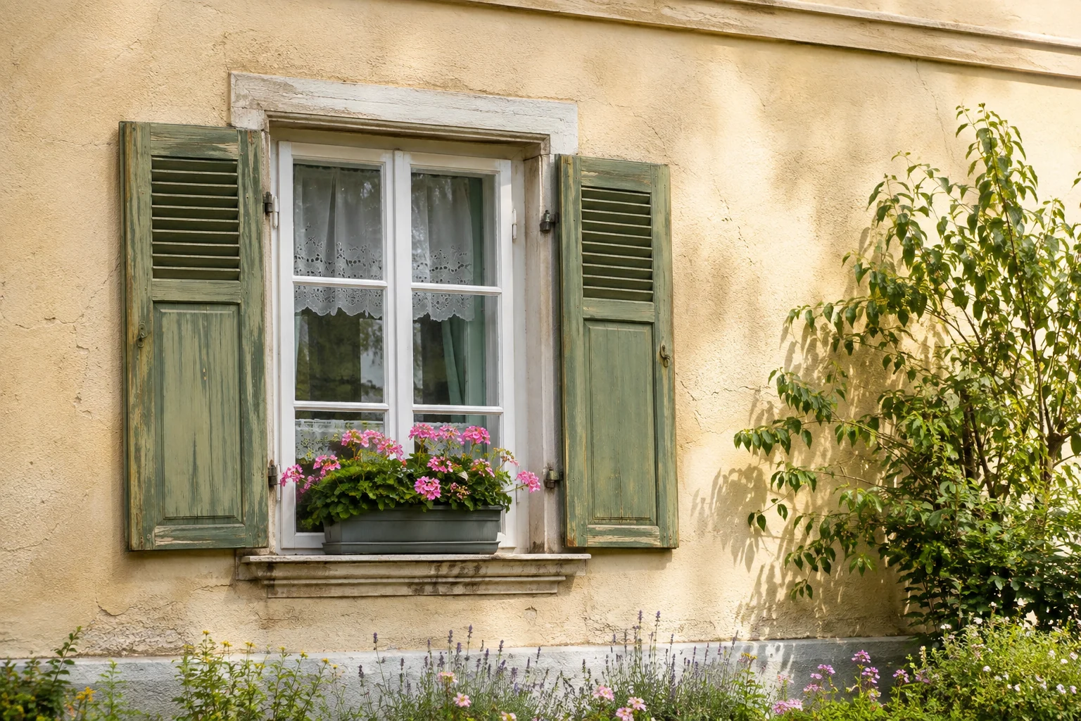 Ältere Hausfassade mit Holzfensterläden und Blumenschmuck